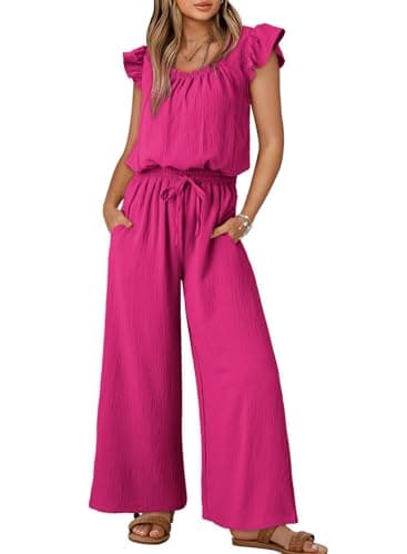 Dokotoo Lady Dressy Jumpsuits One Piece 2025 Summer Crew Neck Boho Jumpers Drawstrings Adjustable Waisted Petite Wide Leg Vacation Outfits Plus Size with Pockets,Rose X-Large - Image 1