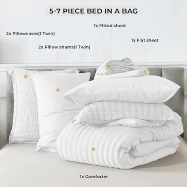 HYLEORY Queen Size Seersucker Comforter Set - 7 Pieces Reversible Comforters Bedding Sets, All Season Bed in a Bag with Comforter, Sheets, Pillowcases & Shams White - Image 6