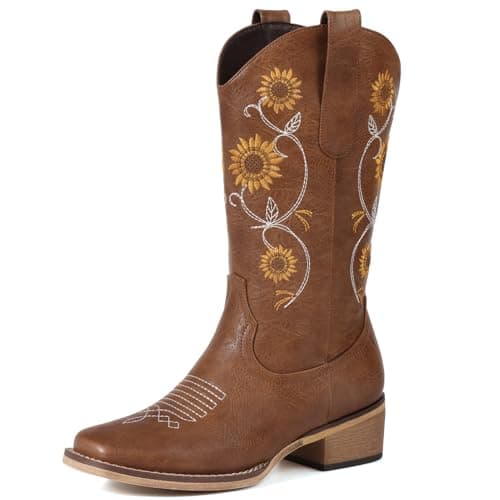 Bybmorto Tan Cowboy Boots for Women - Mid Calf Western Sunflower Cowgirl Boots with Floral Embroidery, Square Toe Stitched Pull On Retro Design, Perfect for Country Idyll, Concerts and More Size 8 - Image 1
