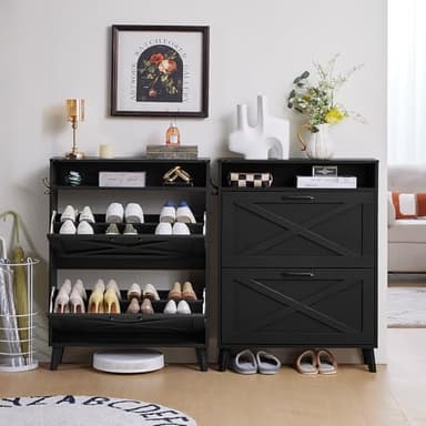 Joaxswe Shoe Storage Cabinet With 2 Flip Drawers, Farmhouse Organizer for Entryway, Narrow Hidden Rack With Wooden Legs & Open Storage, Free Standing Closet for Foyer, Hallway, Black - Image 4