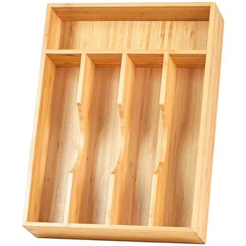 Umilife Bamboo Kitchen Drawer Organizer, 9 Inch Silverware Utensils Tray Holder for Small Drawer, Wood Caddy for Flatware Cutlery Knives - Image 1