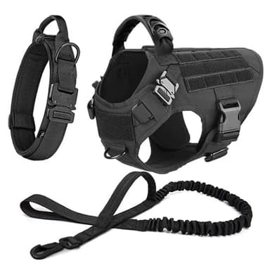 ADA Tactical Soft Dog Vest Harness and Training Dog Collar with Bungee Dog Leash Set No Pull Military Dog Harness with 3 Detachable Pouches for Outdoor Training Service. (Black, Medium) - Image 1