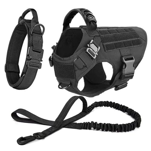 ADA Tactical Soft Dog Vest Harness and Training Dog Collar with Bungee Dog Leash Set No Pull Military Dog Harness with 3 Detachable Pouches for Outdoor Training Service. (Black, Medium)