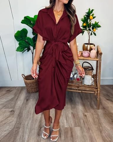 BTFBM Women Button Down Ruched Shirt Dresses Satin Short Sleeve Lapel V Neck Summer Maxi Dress 2025 Party Wedding Guest(Dark Wine Red, Medium) - Image 3
