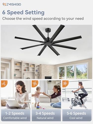 ZMISHIBO 72 Inch Ceiling Fan No Light, Large Black Ceiling Fan with Remote, Quiet DC Motor, and 6 Speeds, Indoor/Outdoor Industrial Ceiling Fans 8 Aluminum Blades for Patio, Garage, Shop, Black - Image 5