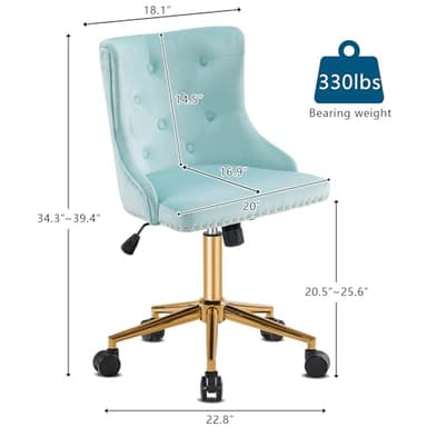 VINGLI Light Blue Armless Home Office Desk Chair with Gold Base/Wheels, Small Cute Vanity/Makeup Chair with Back for Bedroom, Upholstered Adjustable Rolling Swivel Nail Chair for Women/Girls - Image 2