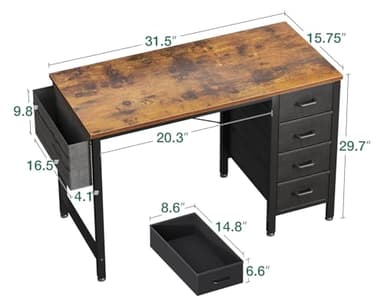 Casaottima 32-Inch Small Computer Desk with 4 Fabric Drawers — Home Office Desks with Storage, Writing Desk with Side Hook and Cloth Bag, Modern Study/Work Table for Bedroom and Small Space, Vintage - Image 3