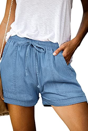 ONLYSHE Womens Ladies Frayed Raw Hem Tencel Drawstring Casual Elastic Waist Denim Jean Shorts for Girl with Pockets Blue-M - Image 1