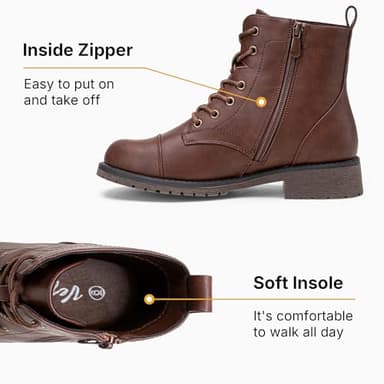 Vepose Women's Ankle Boots Lace up, Flat Fashion Combat Booties Low Heel, 910 - Cognac, Red Brown, Size 7 US (CJY910 Cognac 07) - Image 3