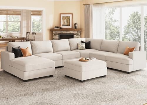 Nolany Sectional Couch with Storage Ottoman, U Shape Sectional Sofa with Chaise, Corduroy Modular Sectional Couches for Living Room, Beige - Image 1
