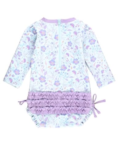 RuffleButts Baby Girls UPF 50+ Sun Protection Floral Printed Long Sleeve One Piece Rash Guard Swimsuit with Zipper - Fairytale Garden, 6-12m - Image 2