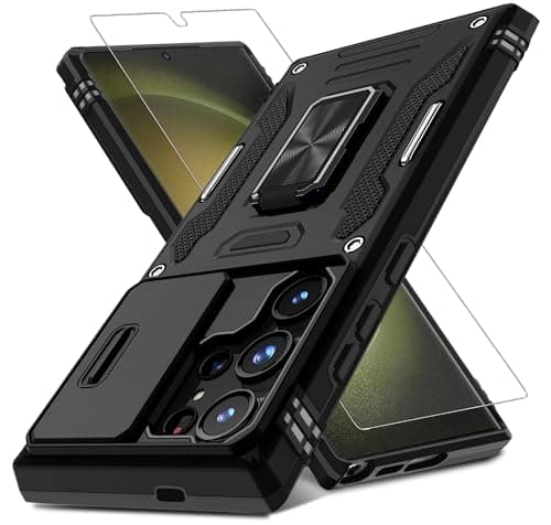 DEERLAMN Case for Samsung Galaxy S24 Ultra with Slide Camera Cover+Screen Protector (1 Pack), Rotated Ring Kickstand Military Grade Shockproof Protective Cover-Black - Image 1