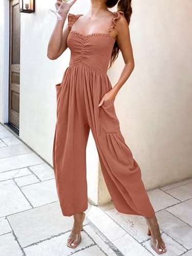 ANRABESS Women Summer Casual Dressy Sleeveless Smocked Wide Leg Linen Jumpsuits Rompers 2025 Trendy Travel Outfit Pocket Rust Medium - Image 5