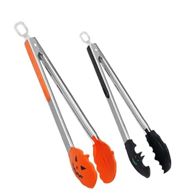 Kitchen Tongs for Cooking, Premium Stainless Steel with Halloween Design Silicon Tips- 500℉ Heat Resistant, Bats and Pumpkins Halloween Gifts, Set of 2(9" and 12") - Image 1