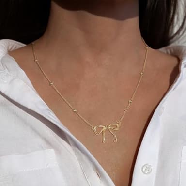 Andsion 14K Gold Plated Necklace for Women, Gold Plated Bow Necklace for Women, Dainty Gold Plated Pendant Choker Necklace - Image 2
