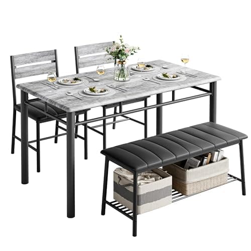 IRONCK Dining Table Set for 4, Kitchen Table with Upholstered Bench and 2 Chairs, Kitchen Table and Chairs Set for Small Space, Apartment, Gray - Image 1
