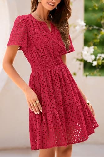 PRETTYGARDEN Womens 2025 Summer Short Dress V Neck Short Sleeve A Line Hollow Out Lace Ruffle Cute Casual Beach Party Dresses (Red,Large) - Image 4