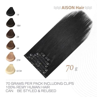 Aison Black Hair Extensions Clip in Real Human Hair 120G 100% Remy Human Hair Clip in Extensions Soft Silky Straight 7pcs 20inch - Image 2
