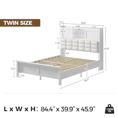 Rolanstar Bed Frame Twin Size with Charging Station, Bookcase Headboard Bed with LED Light and Sliding Doors, Platform Bed with Wooden Slats, No Box Spring Needed, Noise Free, White - Image 2