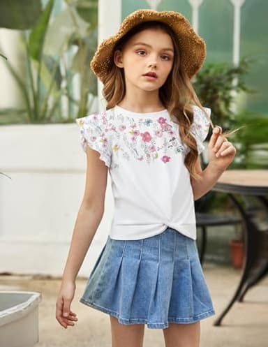 Arshiner Floral Tops for Girls Ruffle Short Sleeve Girls Ruffle Shirt Loose Round Neck Kids Plain T Shirts Flowers - Image 5