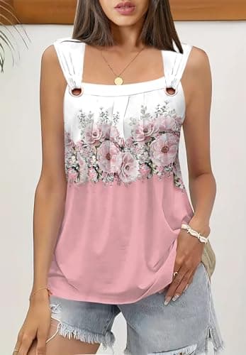 Womens Tank Tops Summer Sleeveless Square Neck O Ring Shoulder Basic Cami Top Loose Casual Dressy T Shirts - Image 2