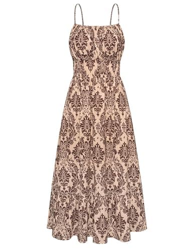 Womens Dresses 2025 Spring Maxi Dress Casual Square Neck Floral Tiered Flowy Aline Vacation Beach Dress Brown Floral XXL - Image 1