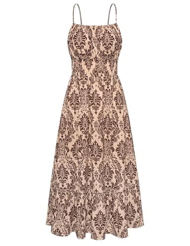 Womens Dresses 2025 Spring Maxi Dress Casual Square Neck Floral Tiered Flowy Aline Vacation Beach Dress Brown Floral XXL - Image 1