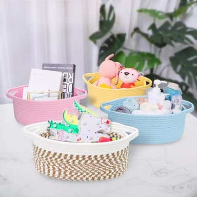 ABenkle Small Basket, 12"x 8" x 5" Cute Small Woven Basket, Rope Room Shelf Storage Basket, Cat Dog Toys Basket Chest Box, Decorative Empty Gift Basket with Handles - Image 5