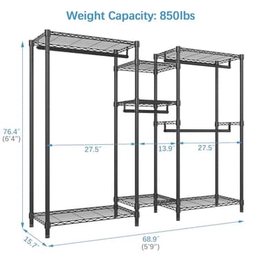 VIPEK Classic V6 Wire Garment Rack Heavy Duty Clothes Racks with Shelves, Freestanding Portable Wardrobe Closet Rack for Hanging Clothes Closet System 68.9" L x 15.7" W x 76.4" H, Load 850LBS, Black - Image 4