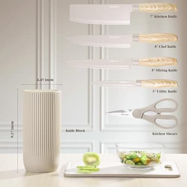Knife Set, Astercook 6 Piece Khaki Kitchen Knife Set, Non-stick Stainless Steel Knife Block Set, Anti-Rust Dishwasher Safe Knife Set with Block - Image 8