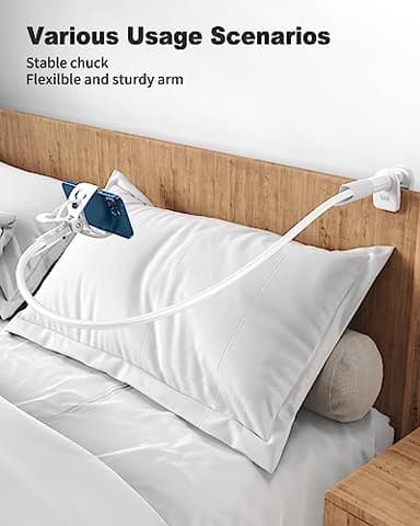 SAIJI Gooseneck Cell Phone Holder, Clamp Universal Lazy Mount Clip Hands Free Flexible Long Arm Bracket Grip for 4-7 Phones Mobile Stand Baby Monitor for Desk, Bed, Office, Kitchen (White) - Image 3