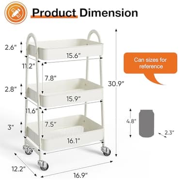 Sweetcrispy 3 Tier Metal Storage Utility Cart with Wheels, Kitchen Organizer Trolley Rolling Bathroom Laundry Room Bar Office Shelves Mobile Shelving Unit Caster for Snack Bedside Narrow Places, White - Image 4