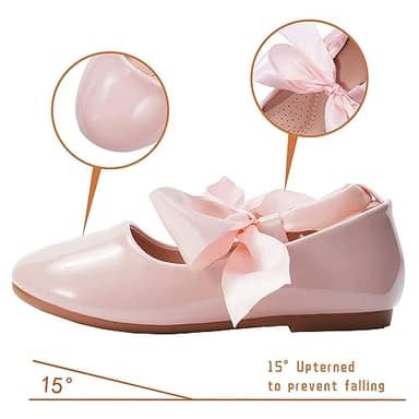 ADAMUMU Girls Dress Shoes Cute Bow Mary Jane Shoes Ballerina Flats with Satin Ankle Tie,Flower Girls for Wedding Birthday Party or School Daily Dress Up,Pink 11m - Image 2