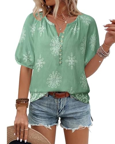 Unixseque Blouses for Women Casual: Womens Shirts Dressy Casual - Boho Tops for Women - V Neck Short Sleeve Shirts 2025 Travel Cute Top Summer Clothes Ladies Tops Green Floral - Image 1