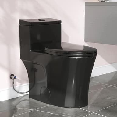 HOROW T0338WB Elongated One Piece Toilet Black, Compact Modern Toilet with Comfortable Seat Height, ADA Chair Height 17.3", Power Dual Flush 0.8/1.28 GPF & MAP 1000g, Matte Black, 12" Rough-in - Image 1