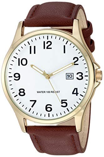 Amazon Essentials Men's Easy to Read Strap Watch, Gold-Tone and Brown Strap - Image 1