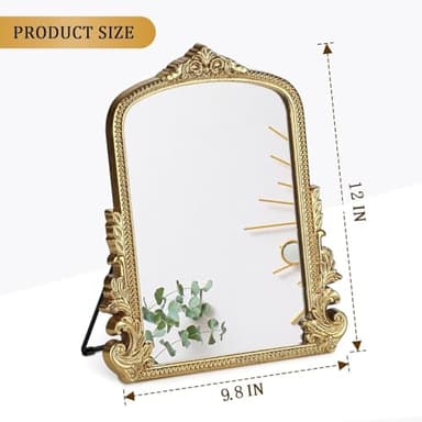 Vintage Makeup Mirror, Vanity Desk Mirror Antique Traditional Tabletop Mirror, Standing, Hang or Wall Mounted, Adjustable Dress-up Mirror, Gold Decor Mirror for Living Room,Bedroom (gold, 12*9.8 in) - Image 3