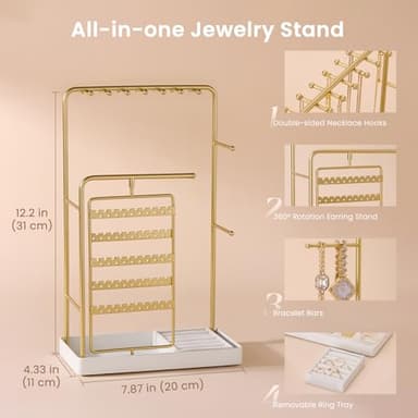 Lolalet Jewelry Stand Organizer, Room Dorm Decor Display Storage with Rotating Earring Holder Hanger and Removable Ring Tray for Necklace Bracelet Bangles Watches Studs -Gold - Image 4