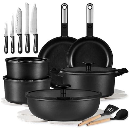 CAROTE 25pcs Pots and Pans Set Non Stick, Cookware Sets, Kitchen Set, Oven/Dishwasher/Fridge Safe, Space Saving Pots Set, Nonstick Set with Versatile Detachable Handle with Knife Set, Jet Black - Image 1