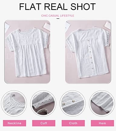 Dokotoo Blouses, Fashion 2025 Summer Crochet Lace Round Neck Short Sleeve Shirts Back Button Down Pom Pom Boho Casual Solid Chiffon Womens Tops White Medium - Image 5