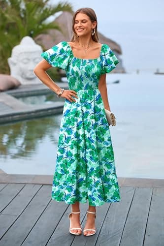 PRETTYGARDEN Women's Casual Summer Midi Dress Puffy Short Sleeve Square Neck Smocked Tiered Ruffle Dresses (Floral Green,Large) - Image 5