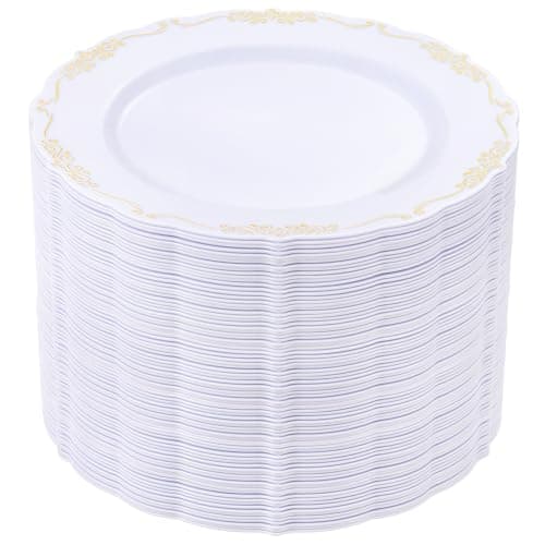 DaYammi 60PCS White and Gold Plastic Plates, Thanksgiving Plates Disposable Heavy Duty Disposable Platos Premium 10inch White Dinner Platos Hard Plastic Plate for Party Wedding Bridal Shower - Image 1