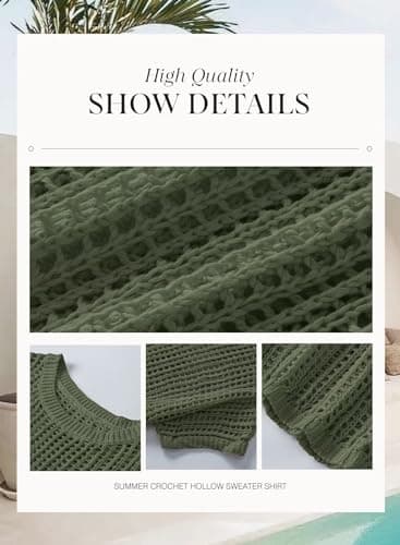 Dokotoo Womens Casual Spring Summer Crochet Hollow Out Sweaters Top 2025 Off Shoulder Pullover Shirt Short Sleeve Lightweight Knit Tops Beach Cover Ups for Women Mist Green Medium - Image 4