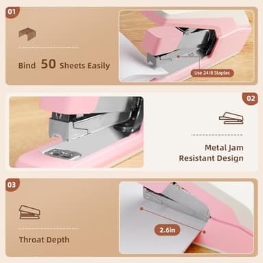Deli Effortless Desktop Stapler, Heavy Duty Stapler, 40-50 Sheet Capacity, One Finger, No Effort, Includes 1500 Staples & Staple Remover, Pink - Image 5