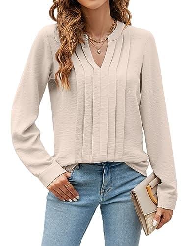 Blooming Jelly Women's Dressy Casual Blouses Business Work Tops Trendy Long Sleeve V Neck Flowy Pleated Shirts 2025 Fall Outfits (Apricot,Medium) - Image 1