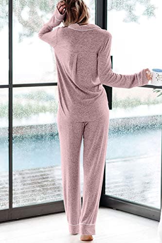 Aamikast Women's Two-piece Classic knit Pajama Sets Long Sleeve Button Down Sleepwear (M, Pink) - Image 4
