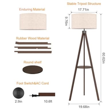 LEPOWER Mid Century Wood Standing Lamp, Modern Design Shelf Floor Lamp for Living Room, Bedroom, Office, Flaxen Shade with E26 Base, Perfect for Reading or Ambient Lighting Dark Brown - Image 7