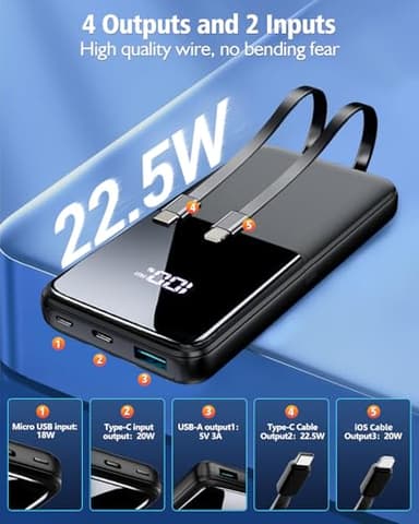 Portable Charger Power Bank - 15000mAh Fast Charging Powerbank Travel Camping Essential Battery Pack with Built in 22.5W Output Cable Compatible with iPhone 17 16 15 14 13 Samsung Google iPad, 1 Pack - Image 2