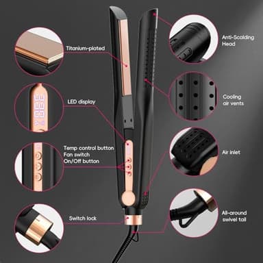 SKIMI Airflow Styler, Titanium Flat Iron Hair Straightener, Professional Curling Iron with Cooling Air Vents to Lock in Style, 5 Temps & Dual Voltage, Auto Off(Black & Copper). - Image 2