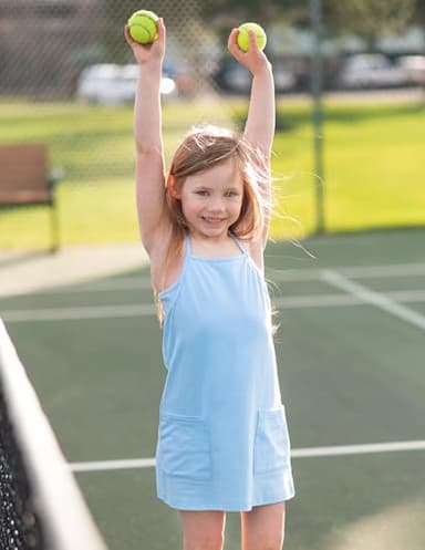 Arshiner Girls Dress with Shorts Casual Summer Spaghetti Straps One Piece Romper Dresses with Pockets for Kid 5-15 Y Light Blue - Image 4